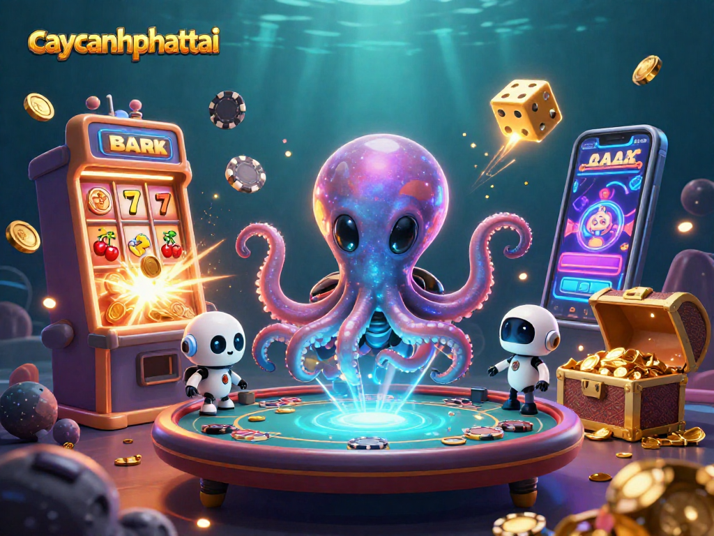 Engage in caycanhphattai with a 3D alien octopus at a holographic poker table amidst a jackpot explosion.