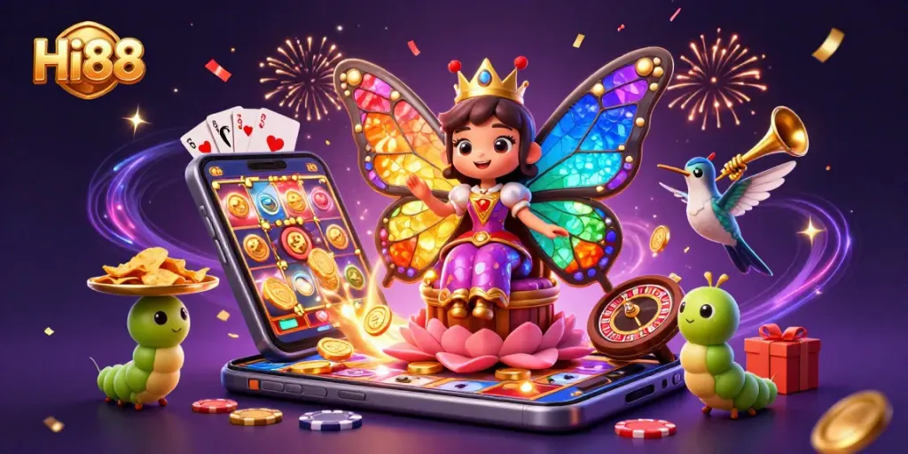 Engage with Hi88's vibrant online gaming world, showcasing a charismatic butterfly queen and dynamic casino elements.