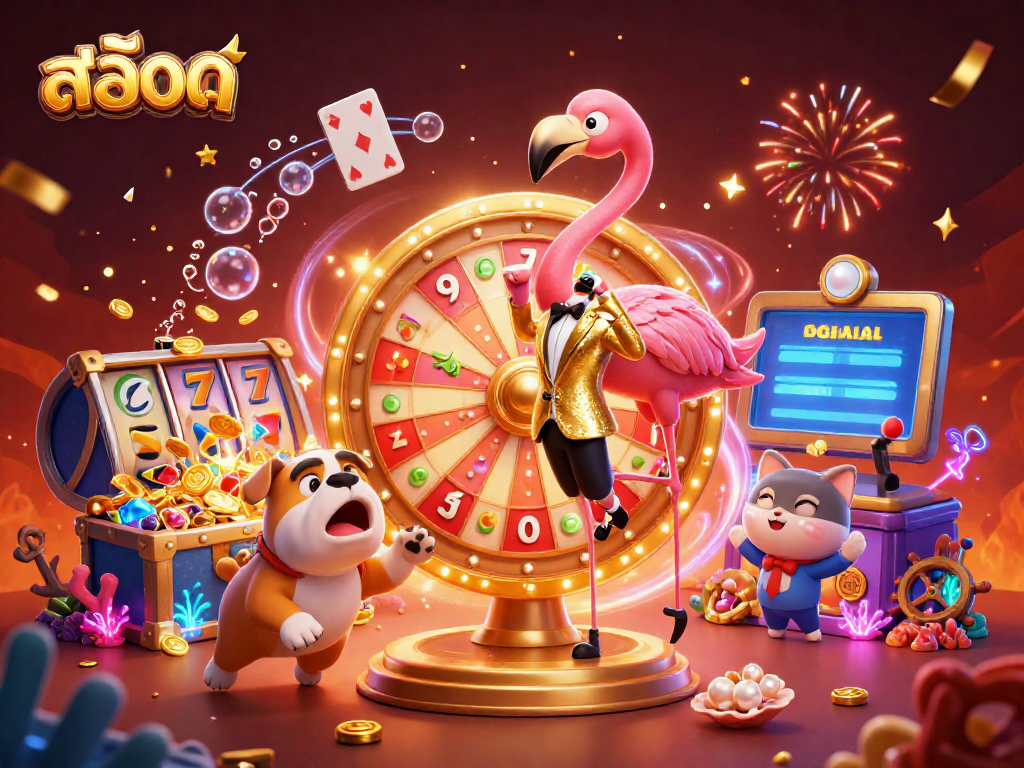 Spin the giant สล็อต prize wheel with vibrant slot reels and excited characters in a festive casino scene.