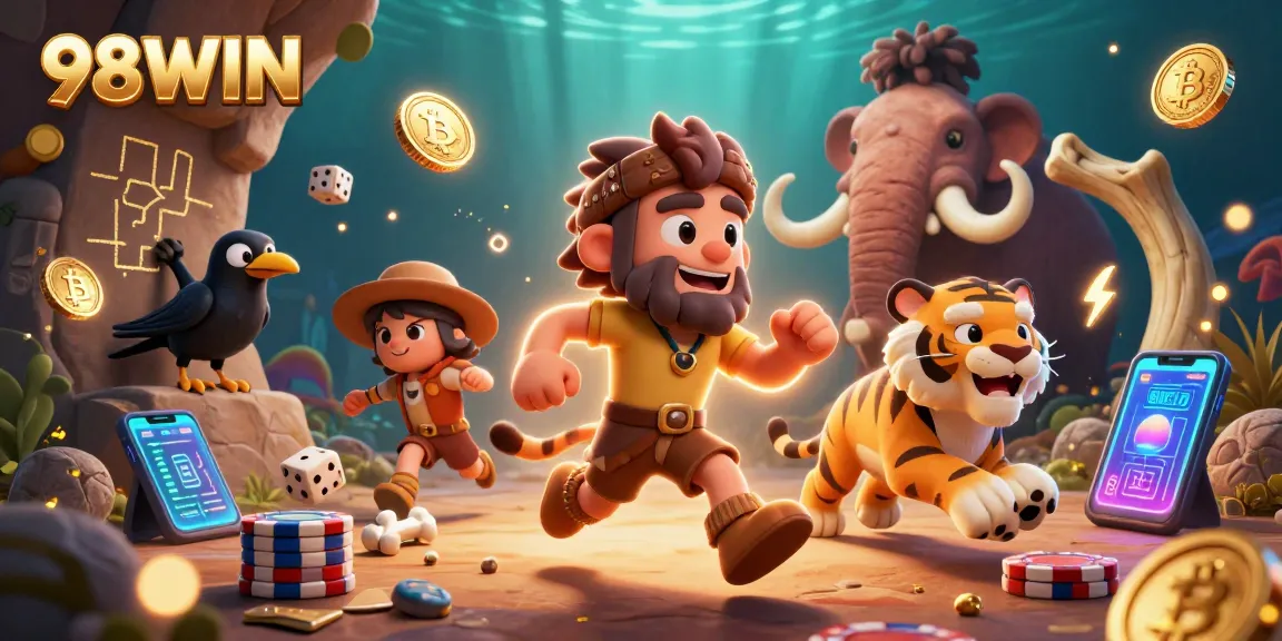 Engage with 98WIN in a vibrant 3D casino scene featuring cavemen and crypto elements.