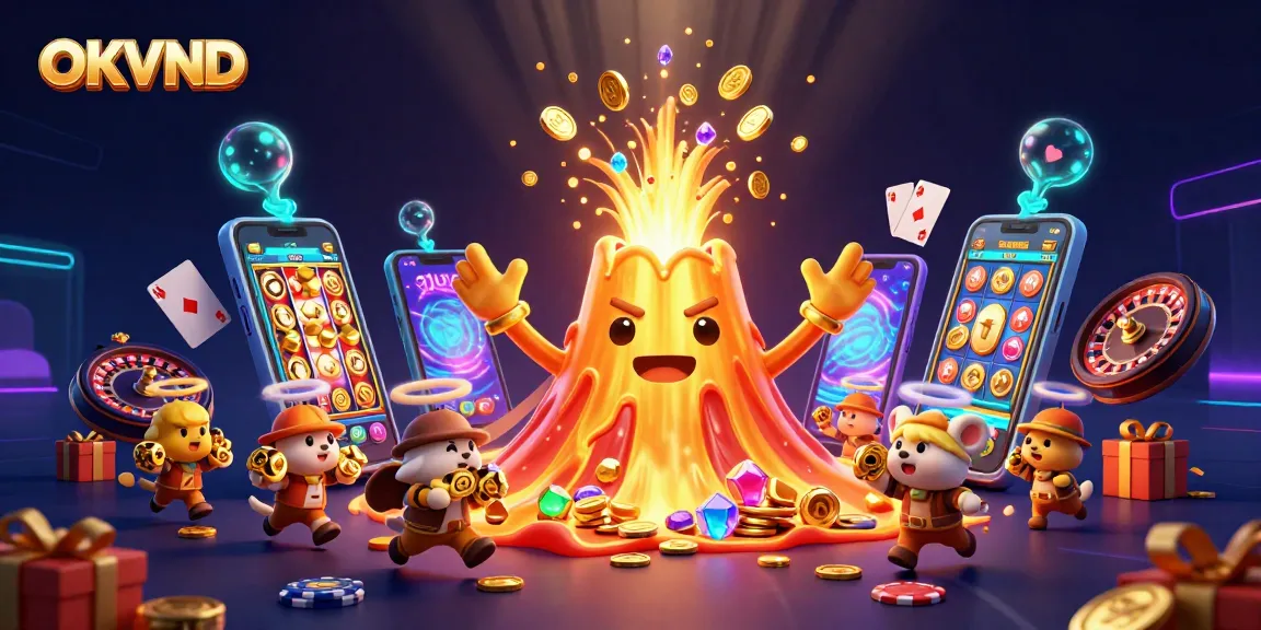 Experience thrilling wins at OKVND as animated characters discover treasures and casino games erupting with excitement.
