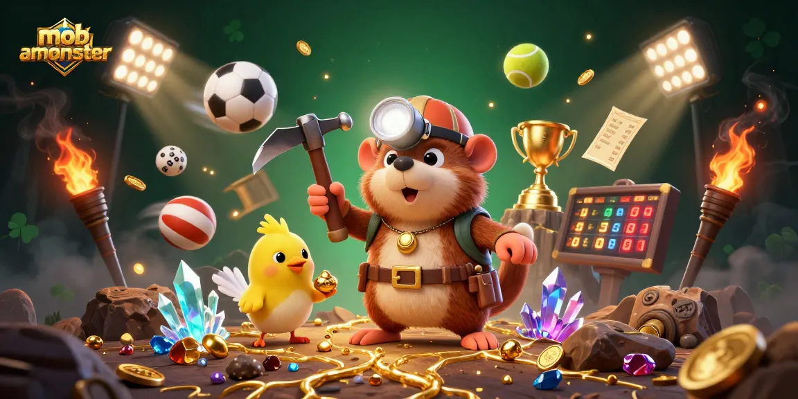 Experience the thrill with mobamonster in a vibrant 3D treasure mining scene filled with golden elements and sports action.