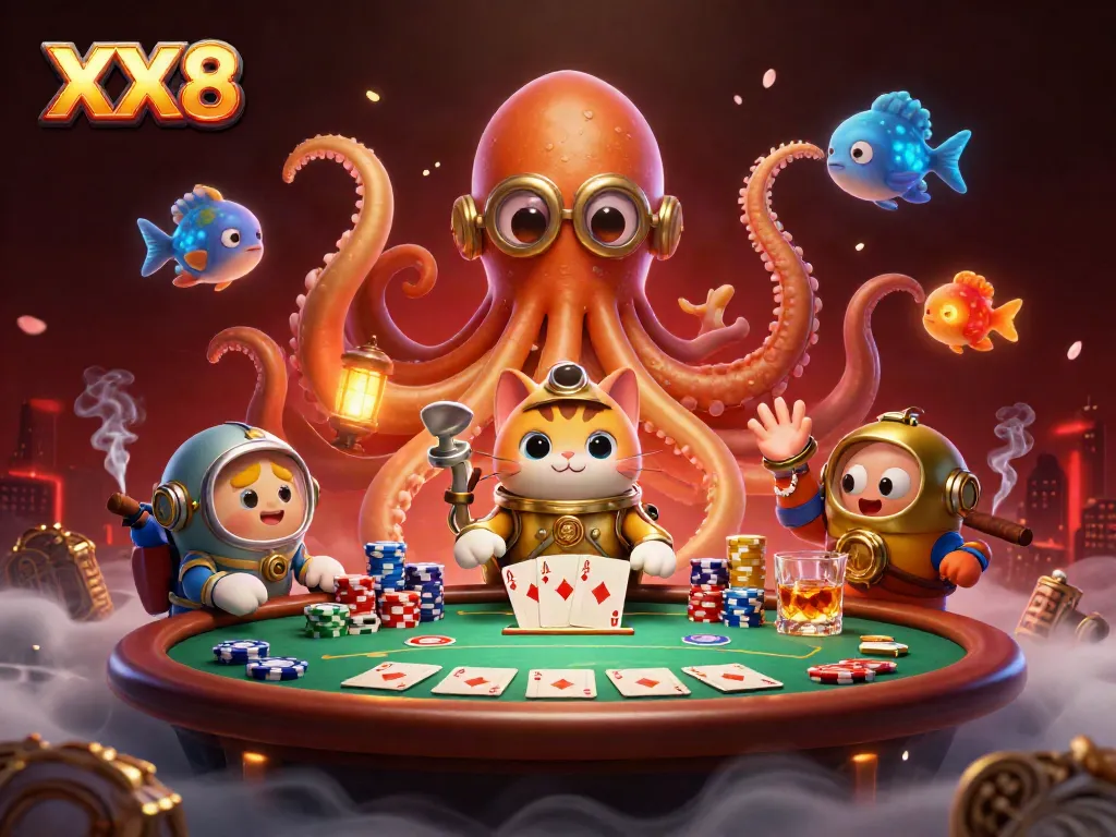 Engage with immersive XX8 casino action featuring a kraken and diving cat in a dynamic poker scene.