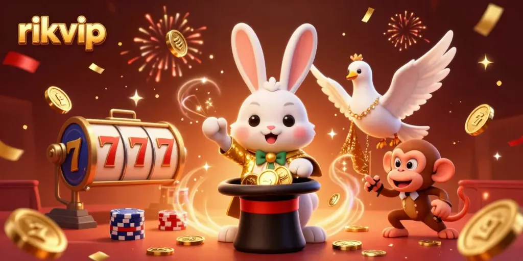 Experience the magic of rikvip as a magician rabbit conjures golden coins amidst a lively casino setting.