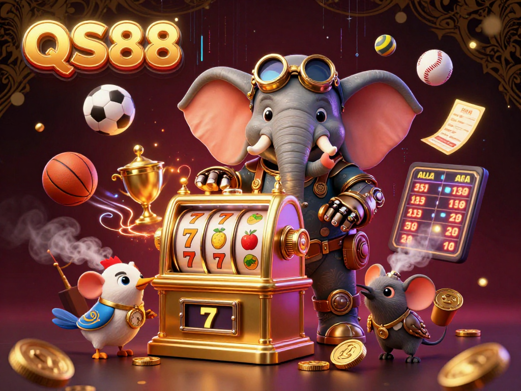 Experience the excitement of QS88 with a lively steampunk slot machine scene featuring rich casino elements.