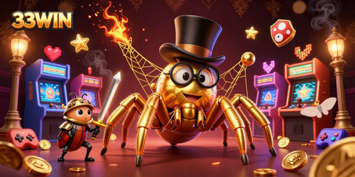 Experience the excitement of 33WIN with a golden tarantula and beetle knight in an engaging casino scene.