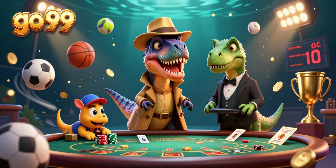 Engage with go 99 as a velociraptor and friends navigate a colorful casino scene.
