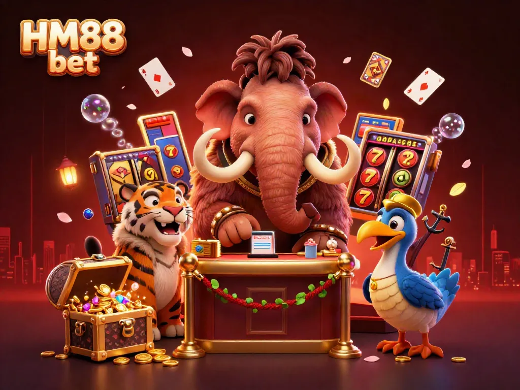 Experience the thrill of gambling with HM88 bet as a mammoth bouncer and VIP guests welcome you to a vibrant casino.