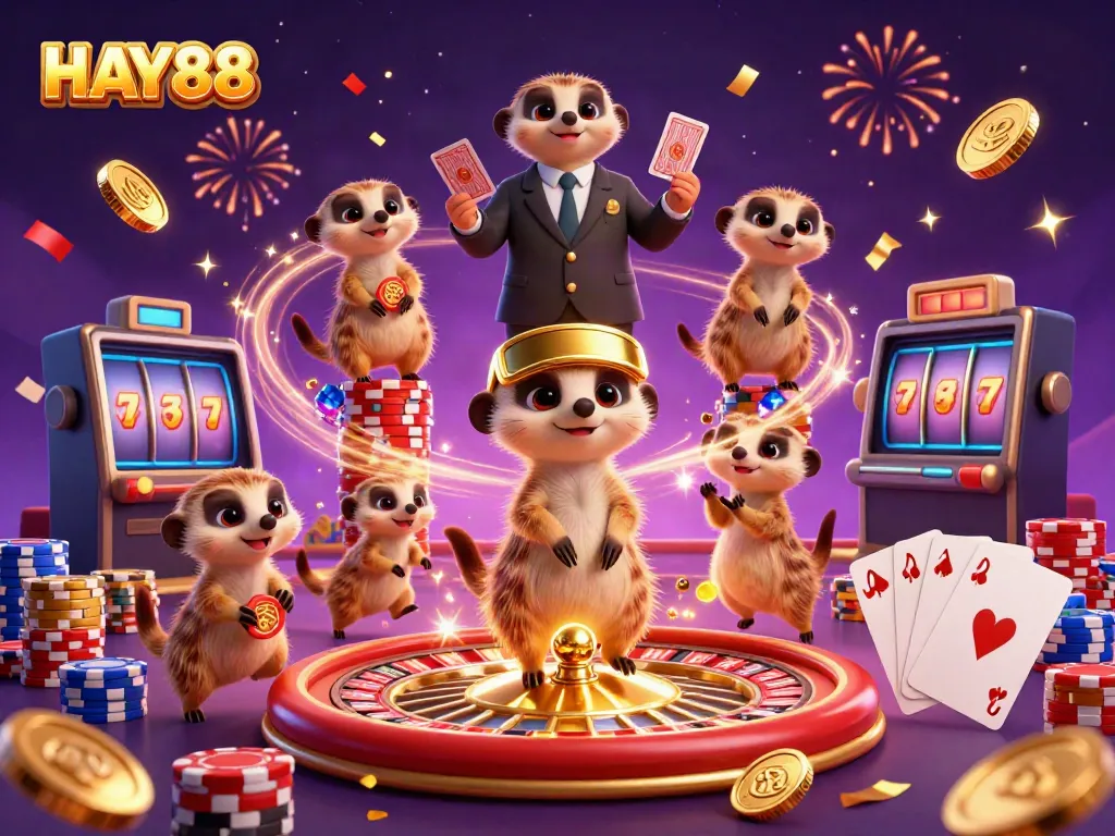 Experience the excitement of HAY88 with meerkats running a vibrant casino filled with games and prizes.