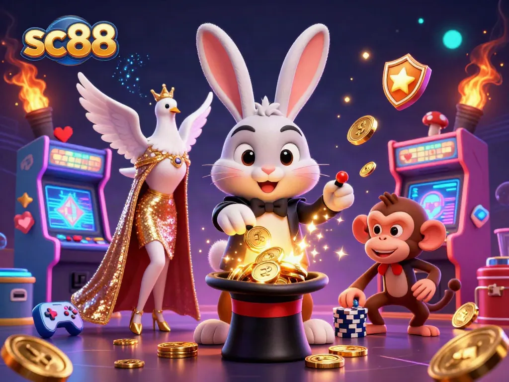 Experience the magic of sc88 with a 3D illustration showcasing a rabbit, dove, and monkey in a casino-themed adventure.