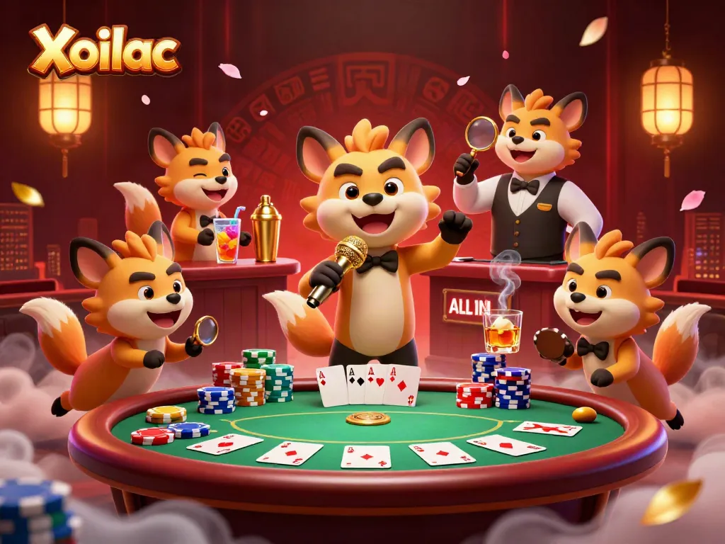 Xoilac hyenas entertain with comedy in a vibrant casino club filled with poker elements.