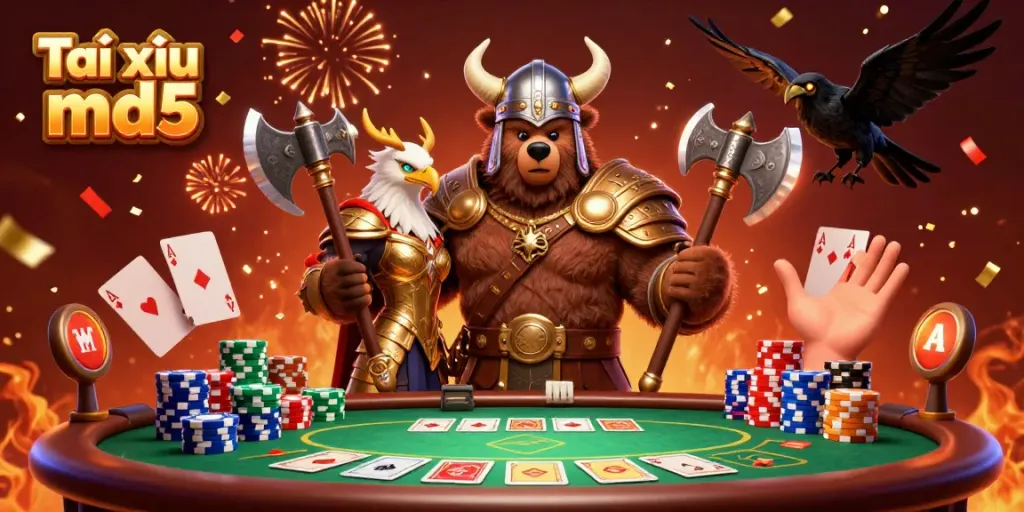 Experience Tài xỉu md5 in a vibrant casino scene featuring dynamic poker elements and celebratory effects.