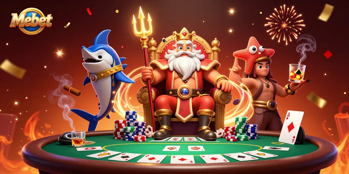 Mebet elevates the excitement with Neptune and gaming elements in a vibrant 3D casino scene.