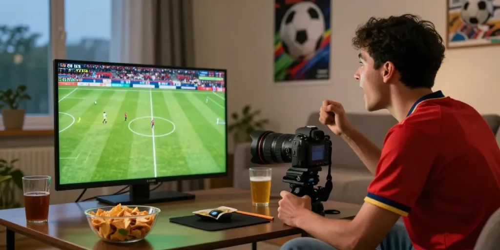 Xoilactv fan enjoying live football broadcast in vibrant home atmosphere.