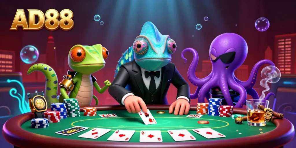 Engage in the exciting world of poker as AD88 immerses players with dynamic characters and casino elements in a vibrant scene.
