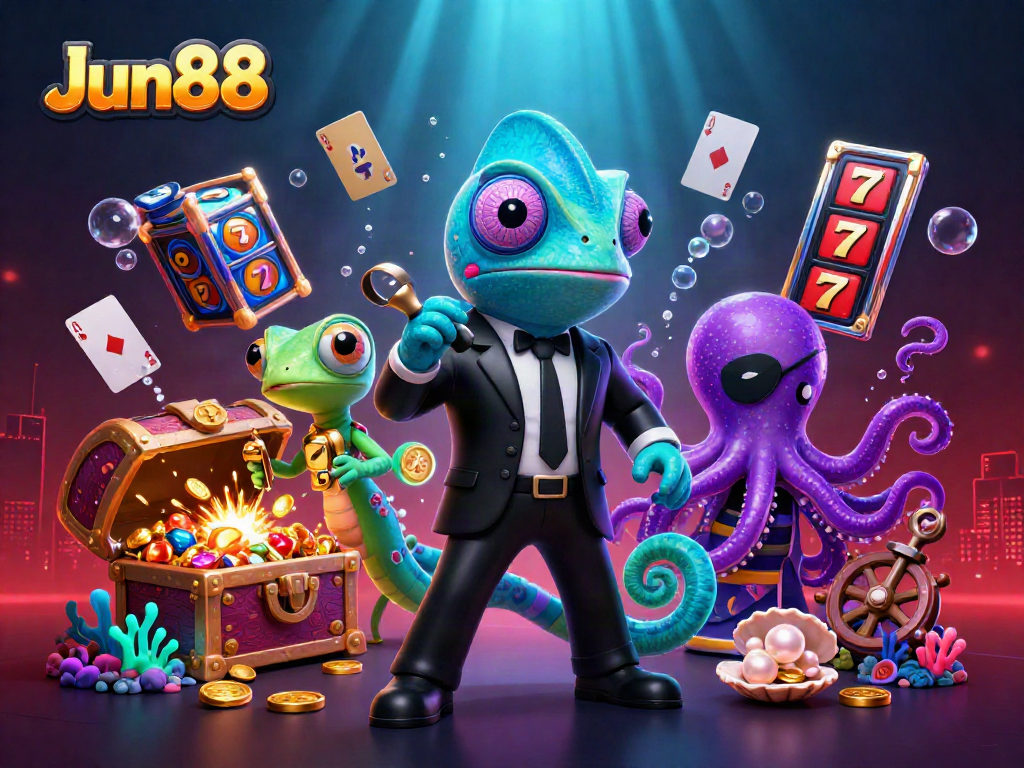 Engage with Jun88's thrilling slot games featuring a dynamic underwater adventure with vibrant characters.