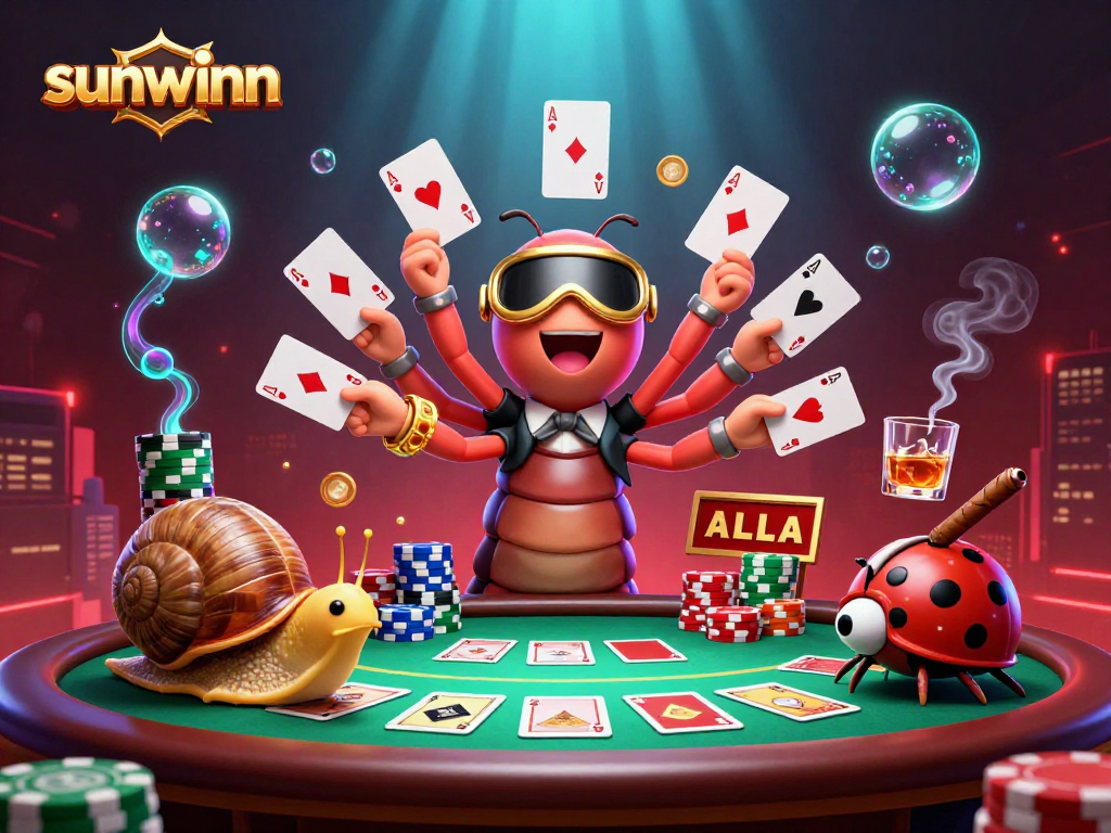 Experience the thrills of sunwinn, featuring a lively dealer and high-roller amidst colorful poker elements.