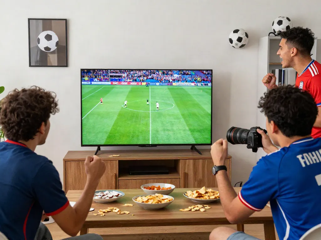 Socolive football fan enjoying a live match at home with friends.