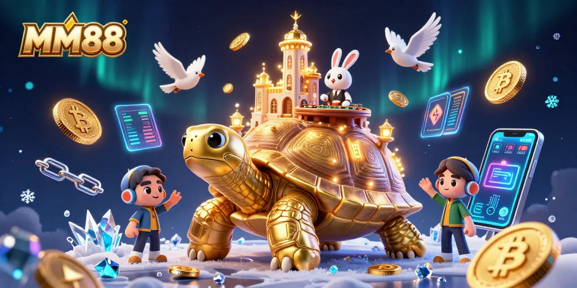 Experience high stakes with MM88's vibrant casino scene featuring a golden tortoise and rabbit dealer.