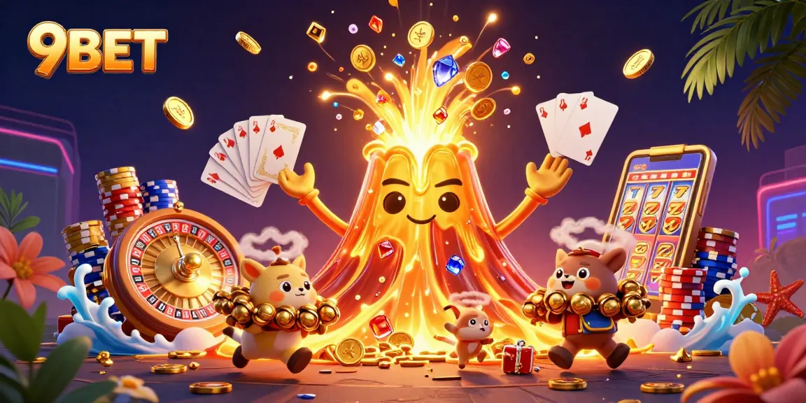 Experience thrilling wins with 9BET amidst a vibrant eruption of treasures in this casino-inspired illustration.