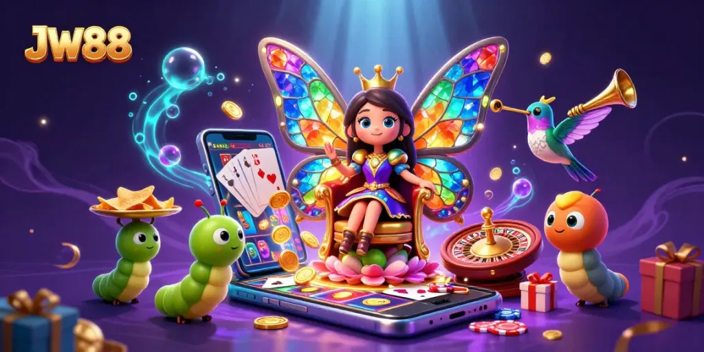 Experience winning with JW88 in this vibrant 3D casino scene filled with colorful games and characters.