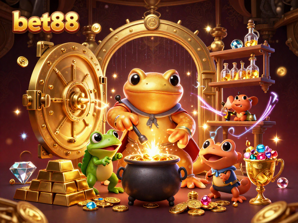 Win big at bet88 with a vibrant 3D illustration showcasing a golden salamander and magical alchemy.