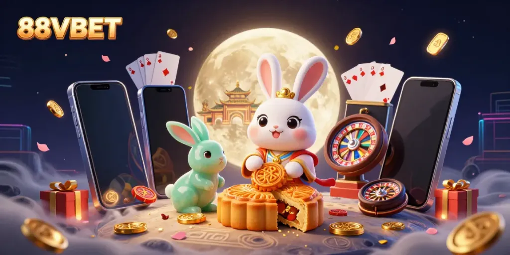 88VBET showcases a lively scene with a moon rabbit and jade companion amidst casino elements.