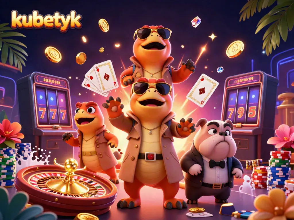 Experience the thrill at kubetyk with cartoon raptors and a bulldog bouncer at a vibrant casino lounge.