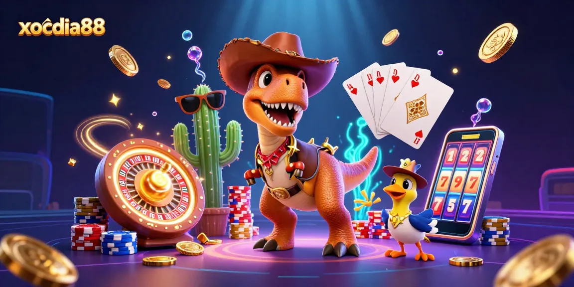 Experience vibrant excitement at xocdia88 with a colorful 3D casino scene featuring thrilling game elements.