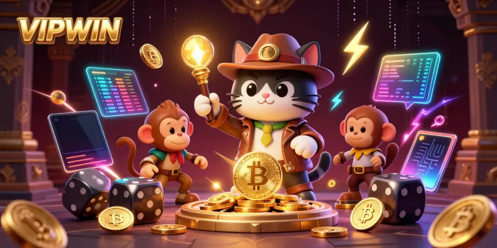 Engage with VIPWIN's thrilling casino adventures alongside a cartoon archaeologist cat and monkey in an ancient temple.