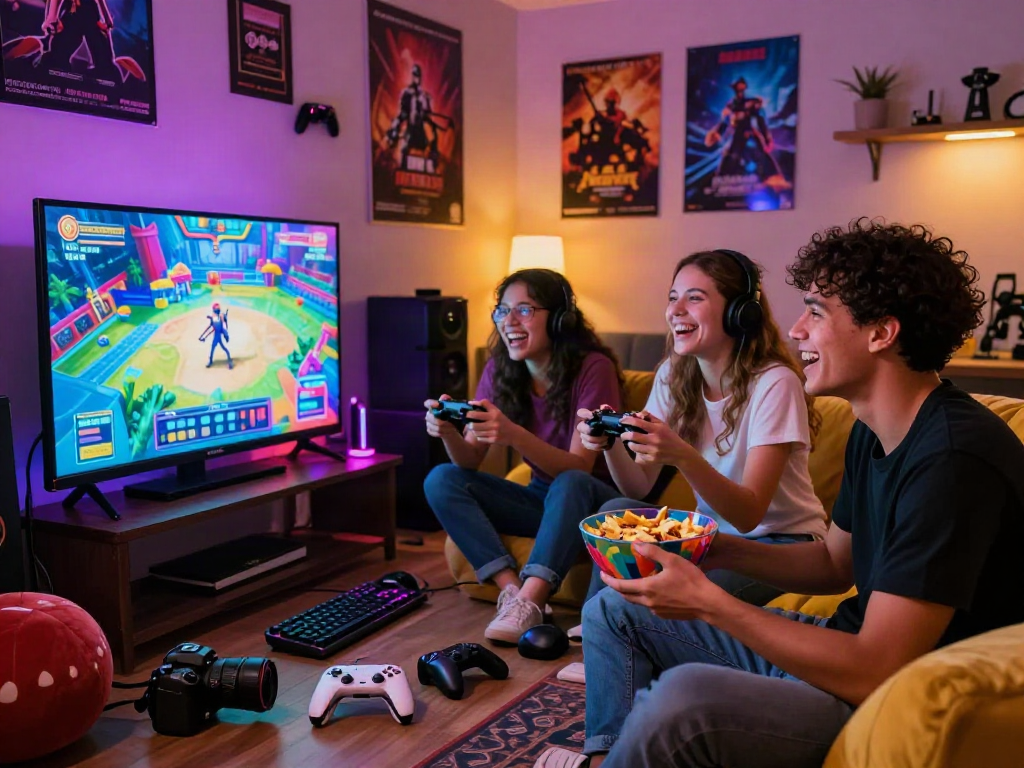 Group of friends enjoying porngames in a vibrant lounge setting, showcasing gaming setup and snacks.