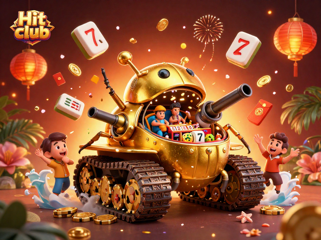 Engage with the vibrant Hit club scene featuring a golden beetle tank filled with gaming excitement and festive decorations.