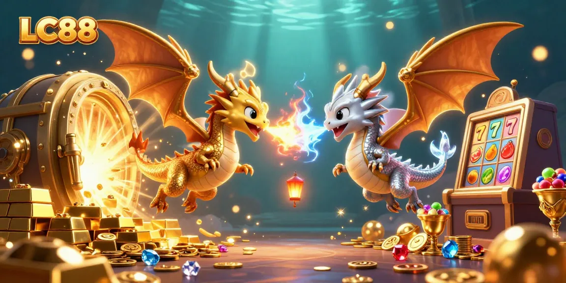 Engage with the captivating LC88 gaming scene featuring dynamic dragons and vibrant slot symbols.