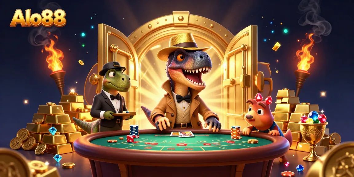 Alo88 showcases an engaging scene of a velociraptor card counter at a blackjack table with shiny treasure.
