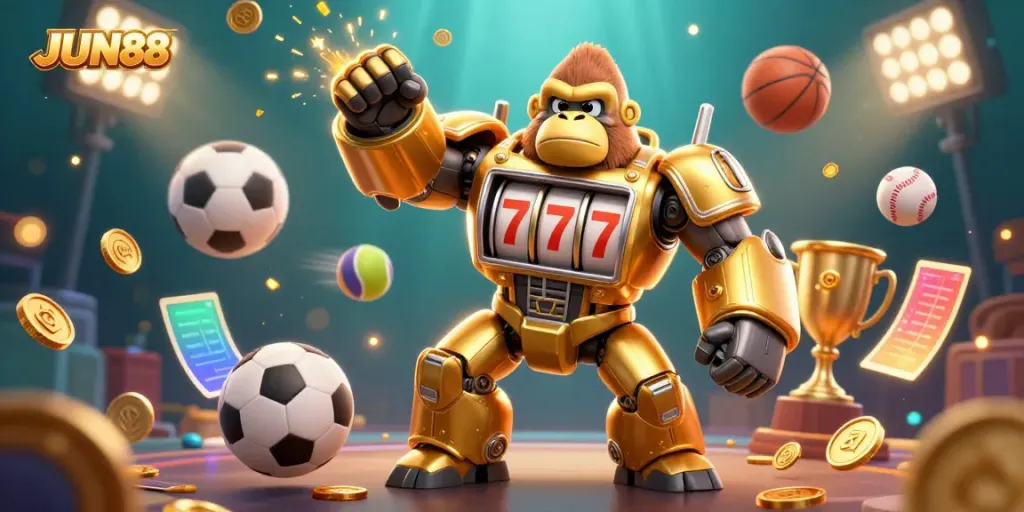 Engaging JUN88 casino illustration showcasing a dynamic scene of a golden gorilla mech amidst flying sports balls and sparkling coins.