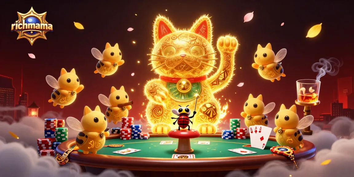 Engage with richmama's vibrant casino scene filled with golden fireflies and poker action.