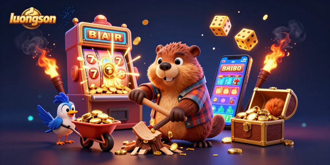 luongson slots rain gold coins from a lumberjack beaver in a vibrant casino scene