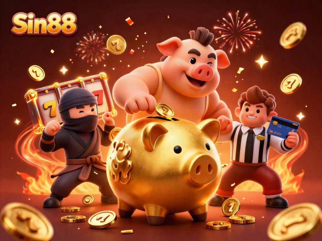 Sin88 showcases a thrilling 3D casino scene with a golden piggy bank sumo wrestler and dynamic game elements.
