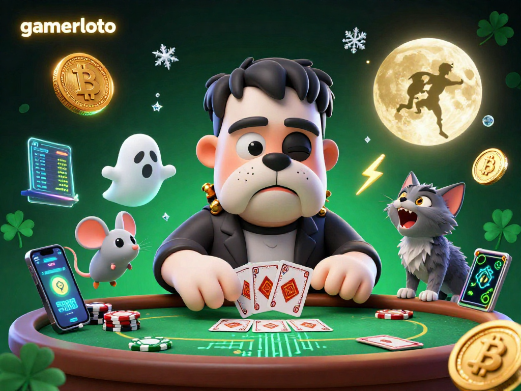 Experience thrilling poker action with gamerloto in a spooky casino scene featuring a Frankenstein bulldog and crypto elements.