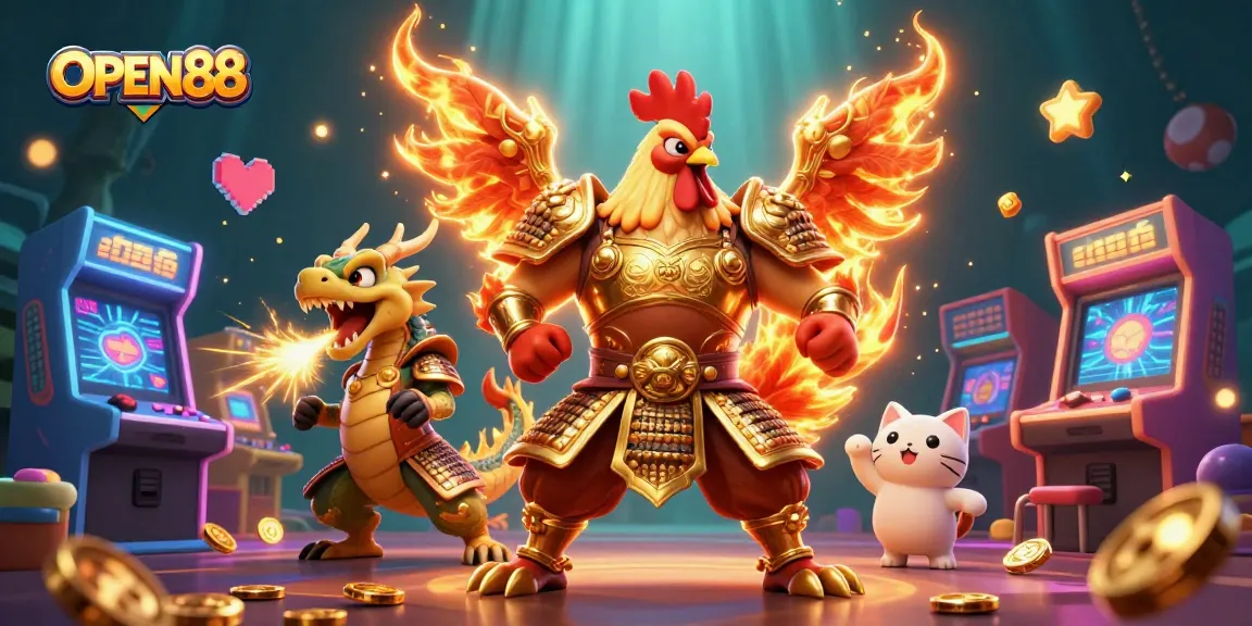 Experience the excitement of OPEN88 casino with an explosive scene featuring a fighting rooster warrior, dragon hatchling, and fortune cat amidst vibrant gaming elements.
