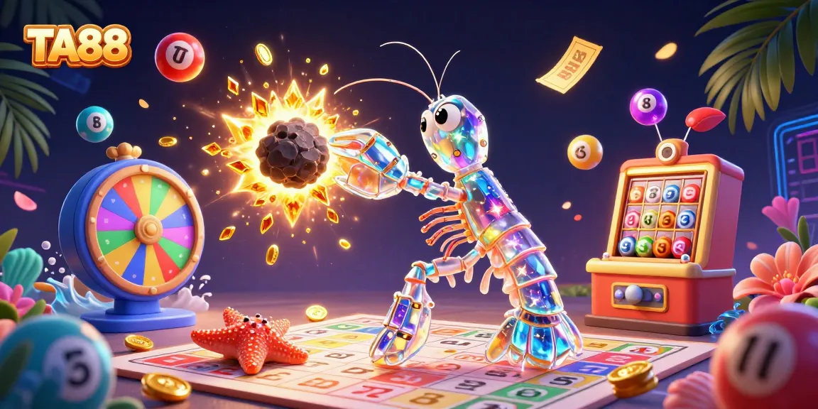TA88 showcases a vibrant casino scene with a galactic samurai shrimp and lottery elements in action.