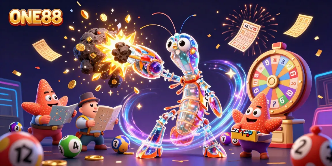 Experience thrilling wins with ONE88 in a vibrant casino scene filled with lottery balls and golden treasures.
