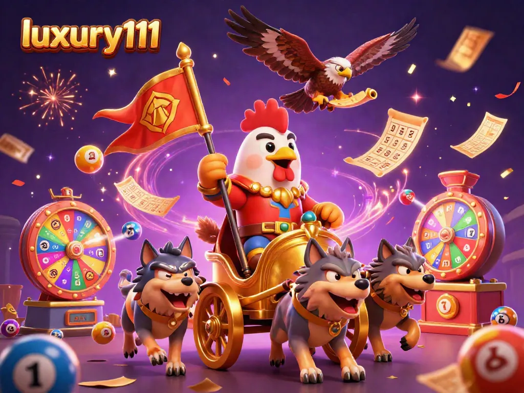 Experience excitement with luxury111 as lively colorful lottery balls and gaming symbols surround a royal rooster warlord.