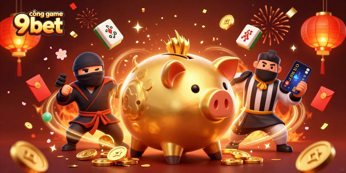 Experience cổng game 9bet with thrilling casino elements in a dynamic 3D illustration featuring multiple characters.