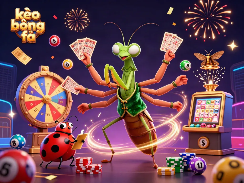 Experience the thrilling world of kèo bóng đá with a dynamic scene of playful characters and casino elements.