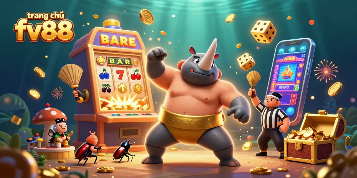 Experience the excitement of trang chủ fv88 with a vibrant casino scene featuring a beetle champion and dynamic gaming elements.