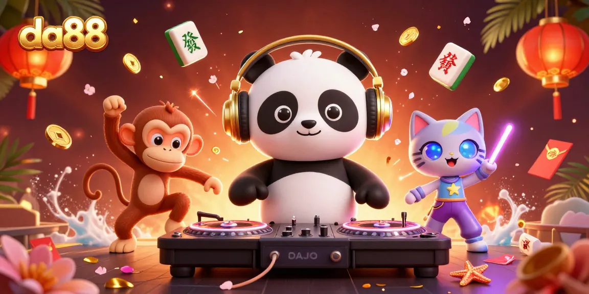 Engage in the vibrant da88 gaming scene featuring a DJ panda, dancing monkey, and rave kitten.