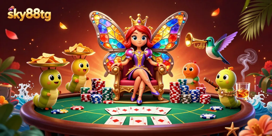 Engage in strategic play at sky88tg with vibrant imagery of casino elements and characters.