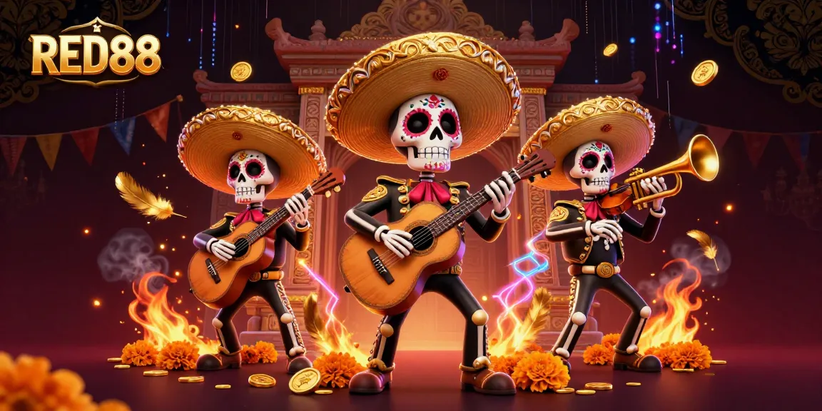 Win big at RED88 with an energetic mariachi-themed casino illustration featuring vibrant game elements.