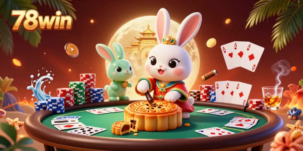 Engage in thrilling action at 78win featuring a cartoon moon rabbit amidst poker chips.